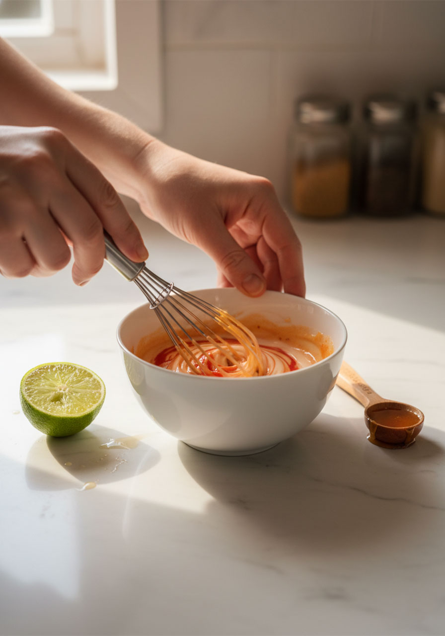 Whisking together bang bang sauce with mayo, sriracha and honey in a white bowl — easy homemade bang bang sauce