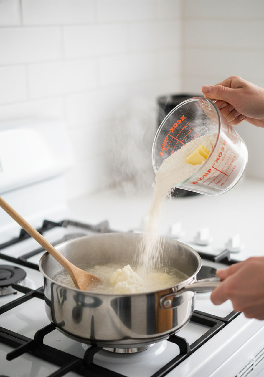 Pouring flour into boiling butter and water mixture in saucepan to make homemade churro dough