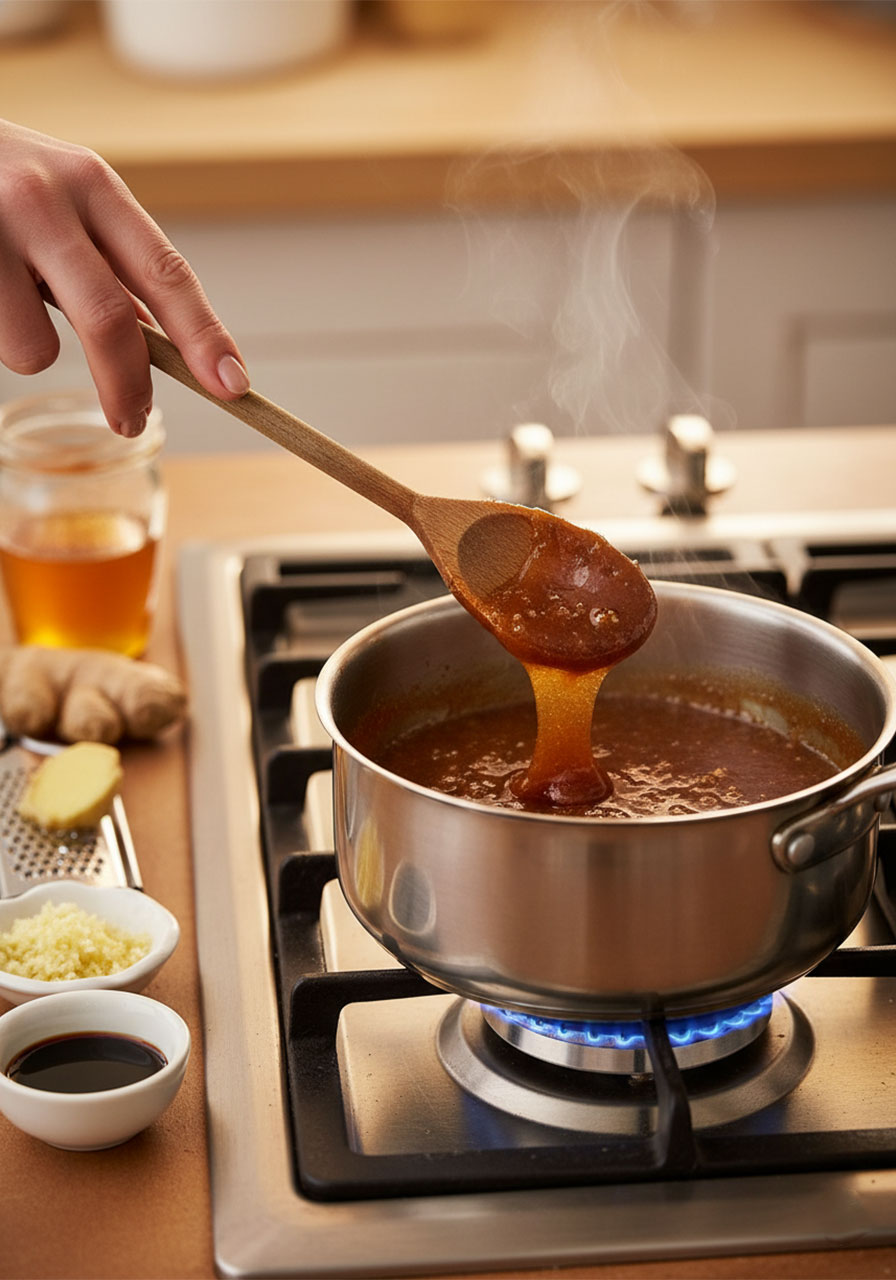 Thick honey garlic sauce simmering in a small saucepan being stirred with a wooden spoon, with garlic, ginger, and honey visible nearby