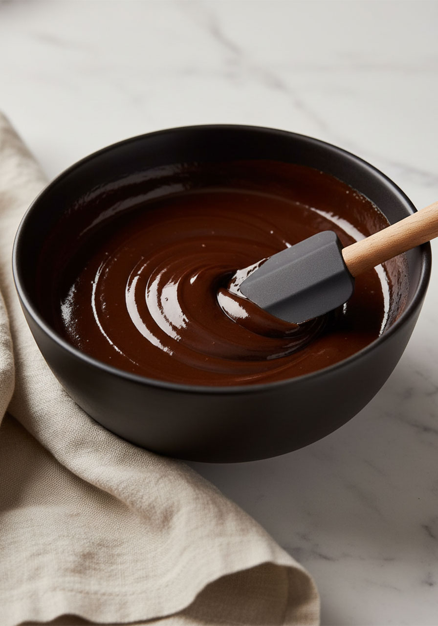 Smooth and glossy sugar free melted chocolate ganache being stirred with coconut oil for the low carb cookie bar topping