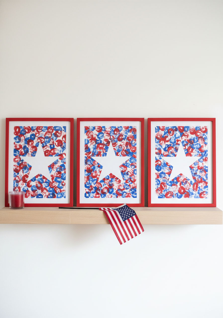 Three completed Memorial Day star fingerprint crafts displayed in red frames on a white wall as patriotic home décor for Memorial Day weekend