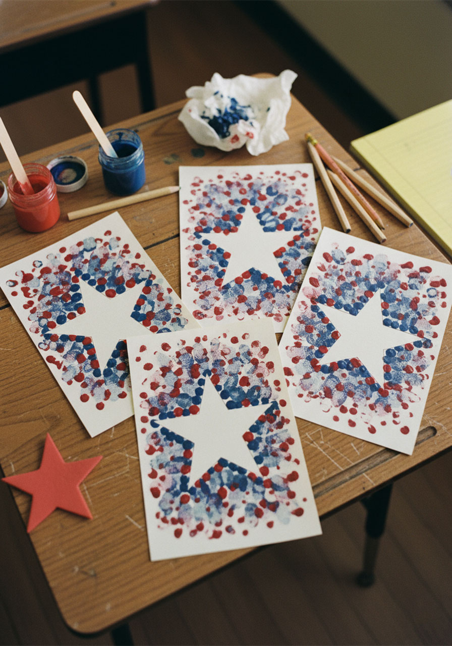Supplies needed for Memorial Day star fingerprint craft: white cardstock, star template, red white and blue acrylic paint, palette, and scissors