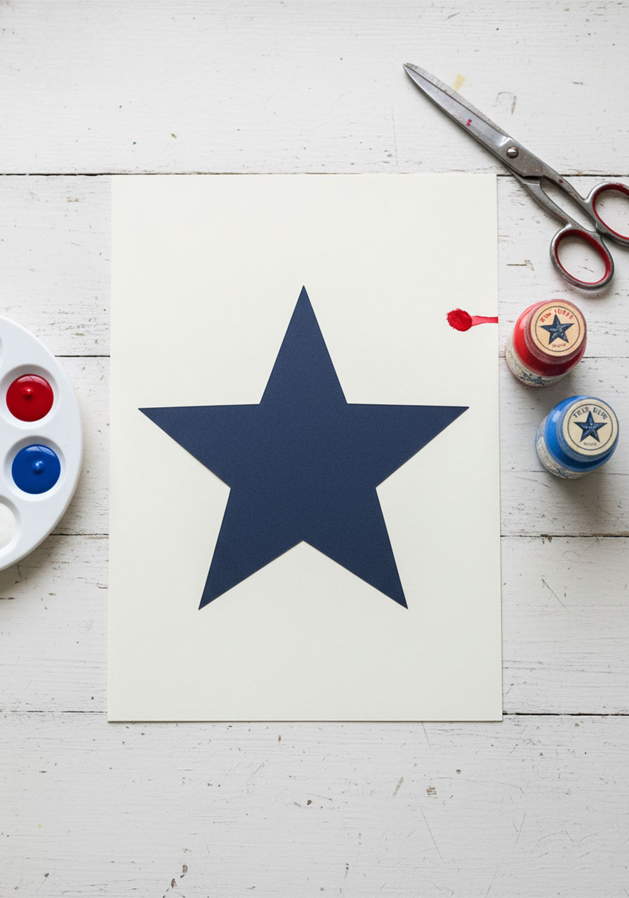 Three finished Memorial Day star fingerprint craft projects made by kids using red, white, and blue acrylic paint on white cardstock