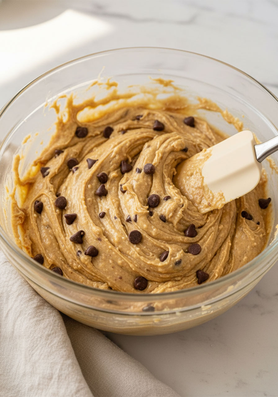 Sugar free cookie dough made with almond flour and peanut butter being mixed in a glass bowl with chocolate chips folded in