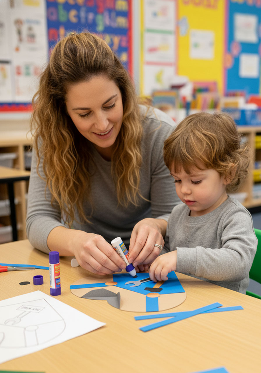 Mom helping young child glue blue overalls onto Father's Day handy dad heart card craft