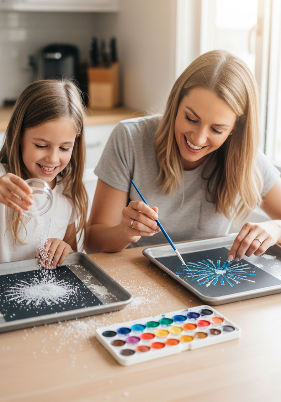 Mother and young daughter doing firework salt painting craft together at kitchen table smiling 4th of July activity