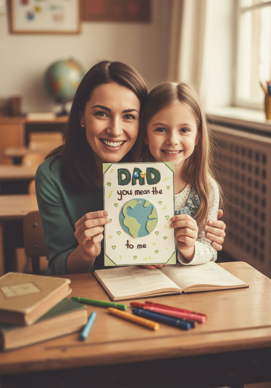 Mom and daughter proudly holding the completed handmade 3D "You Mean the World to Me" Father's Day card craft together