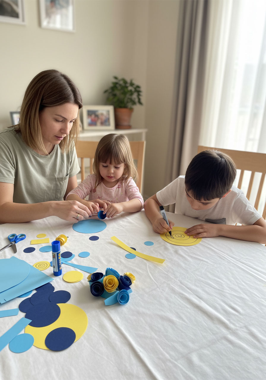 Mom and two young children making a DIY paper rose heart bouquet together at home — fun Father's Day craft activity for kids and families