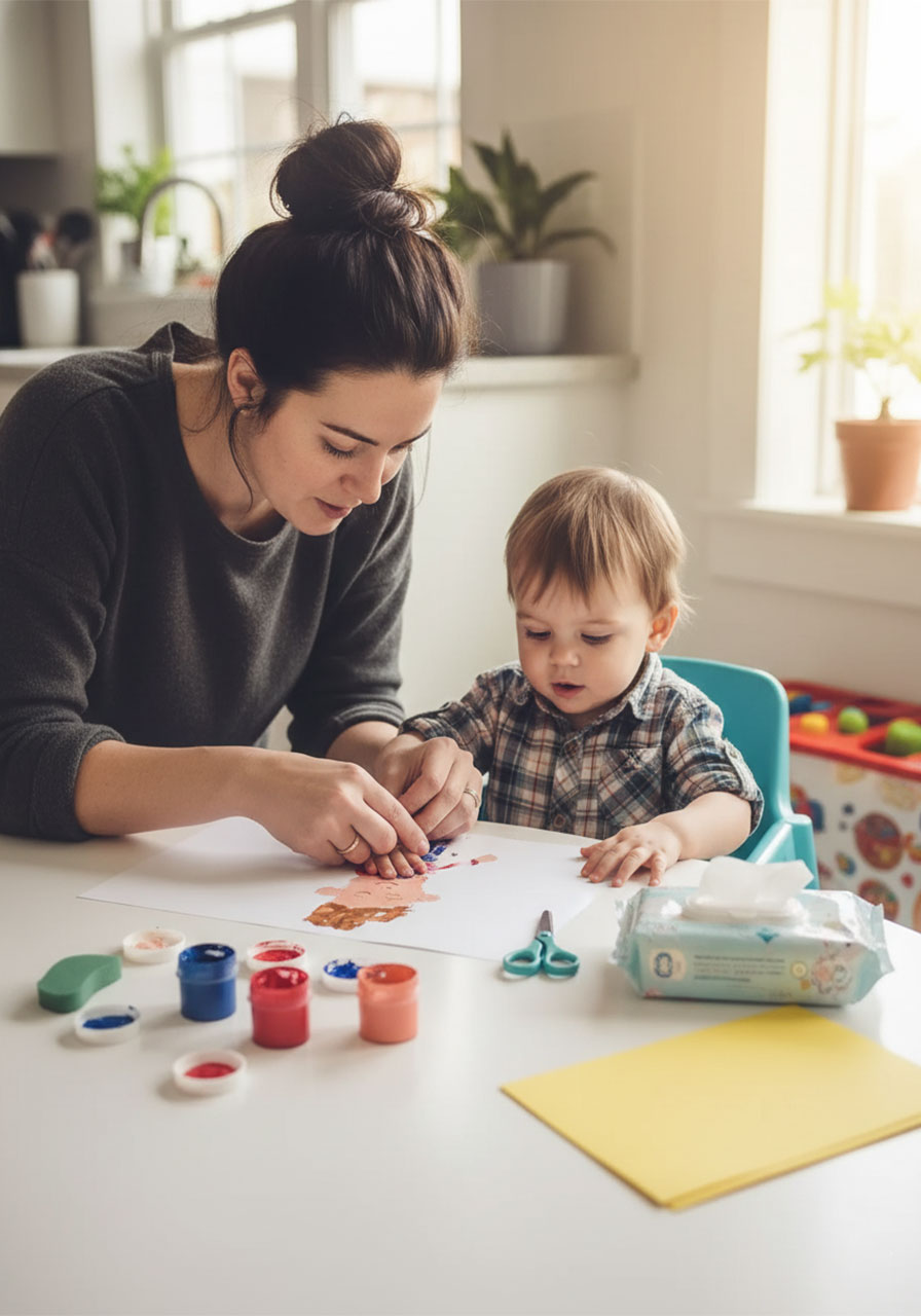 Mom and toddler working together at a kitchen table to make the handprint Mini-Me Dad Father's Day keepsake craft, pressing a painted hand onto white cardstock