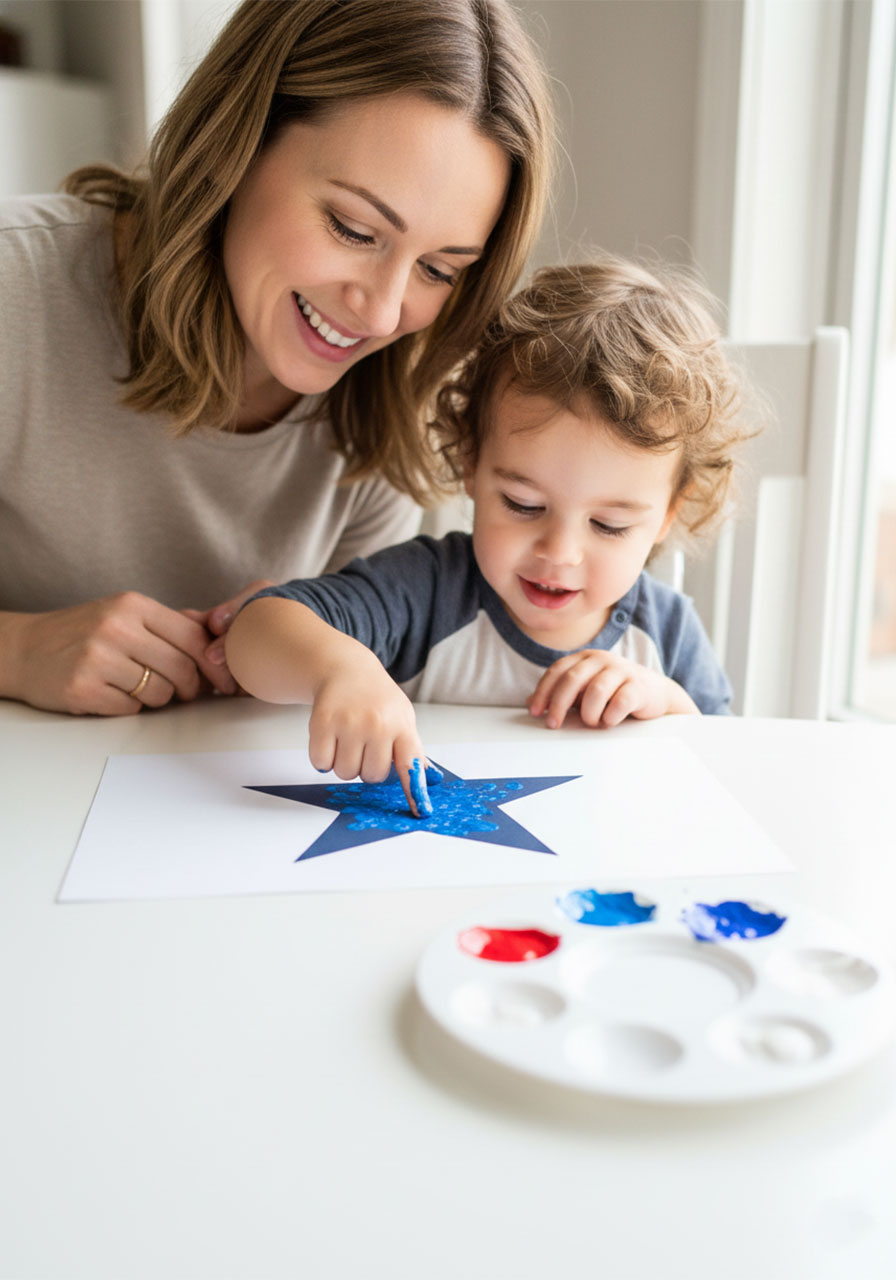 Mom and young child making a Memorial Day star fingerprint craft together at a bright white table, sharing a joyful creative moment