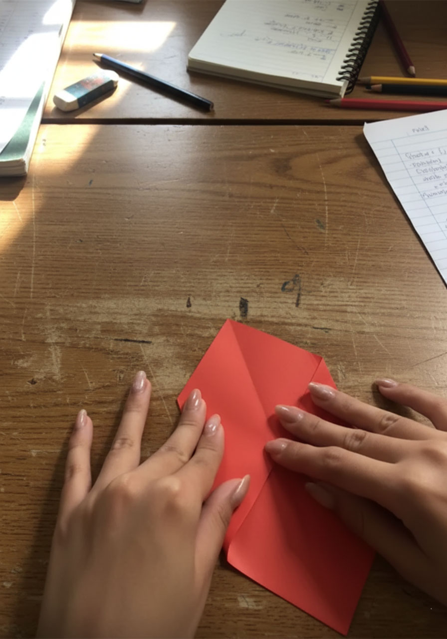 Three stages of folding a red origami necktie for a DIY Father's Day suit-and-tie card, from flat paper to completed 3D tie with knot step3a