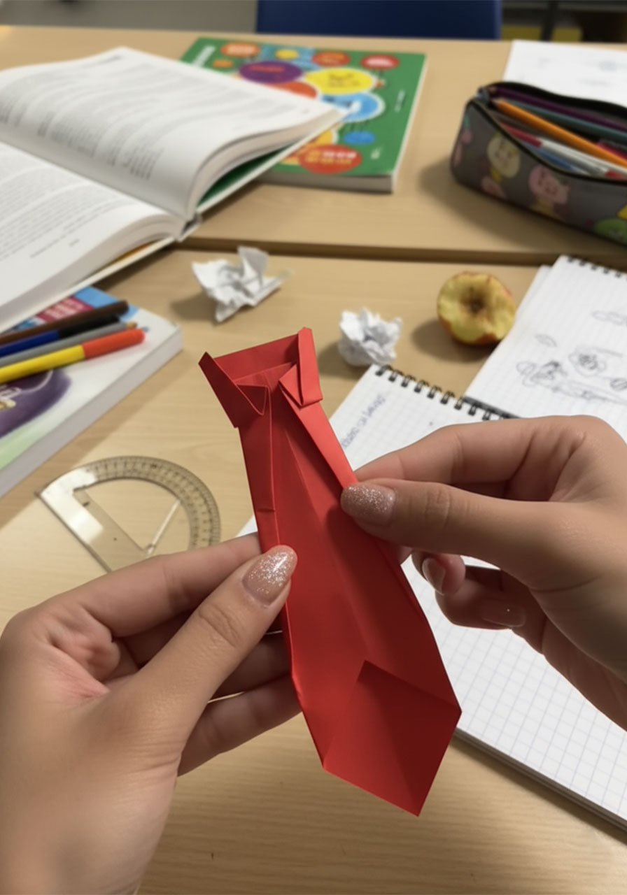 Three stages of folding a red origami necktiae for a DIY Father's Day suit-and-tie card, from flat paper to completed 3D tie with knot step3d