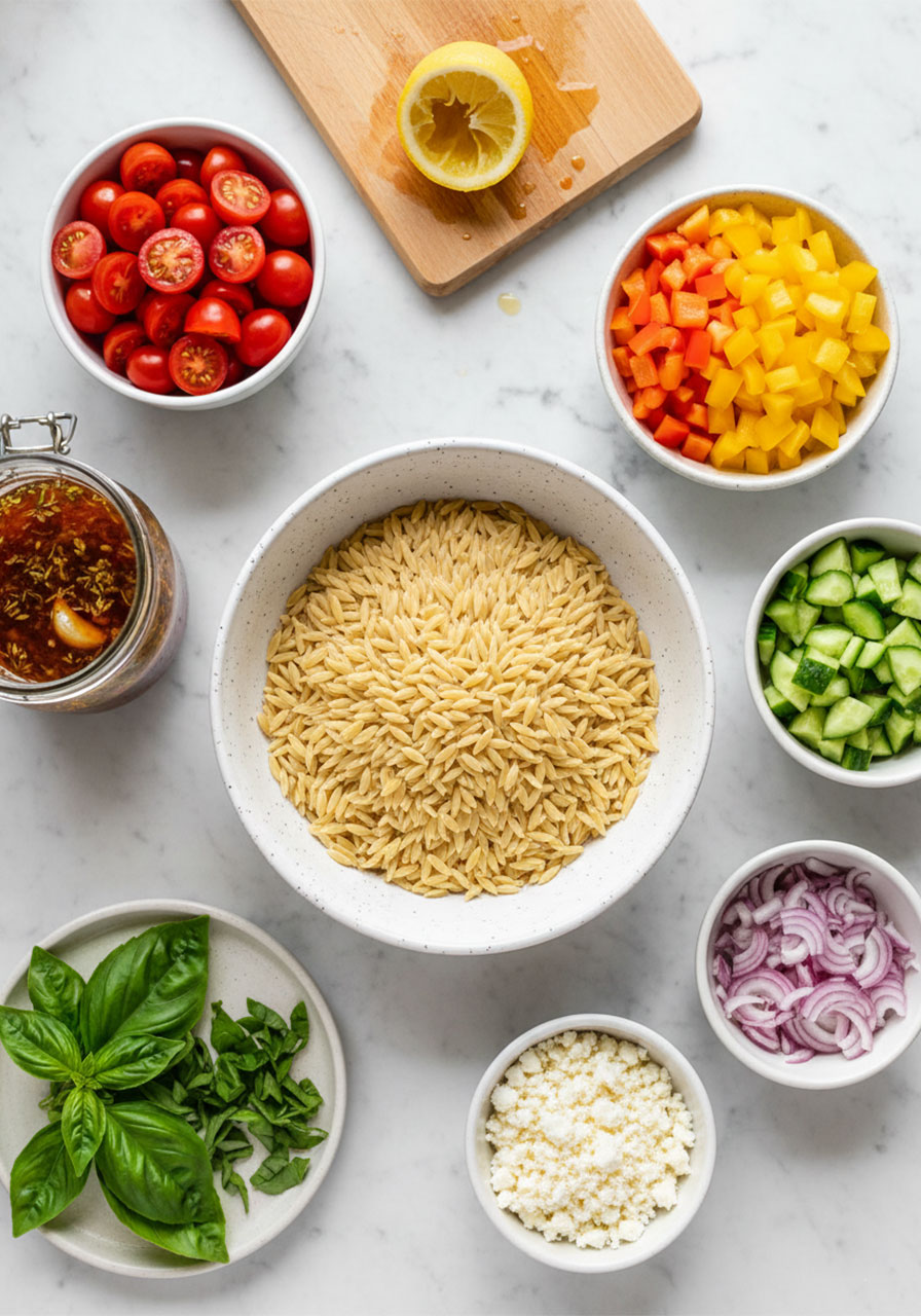 Flat lay of rainbow orzo salad ingredients including orzo pasta, cherry tomatoes, bell peppers, cucumber, feta cheese, and fresh basil on marble