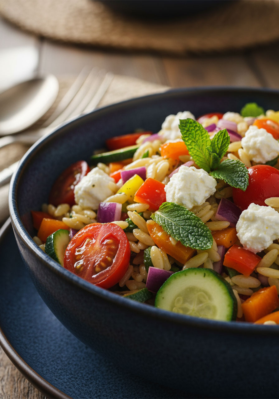 Close-up of orzo salad showing feta cheese, cherry tomatoes, bell peppers, cucumber, and fresh basil tossed in red wine vinaigrette