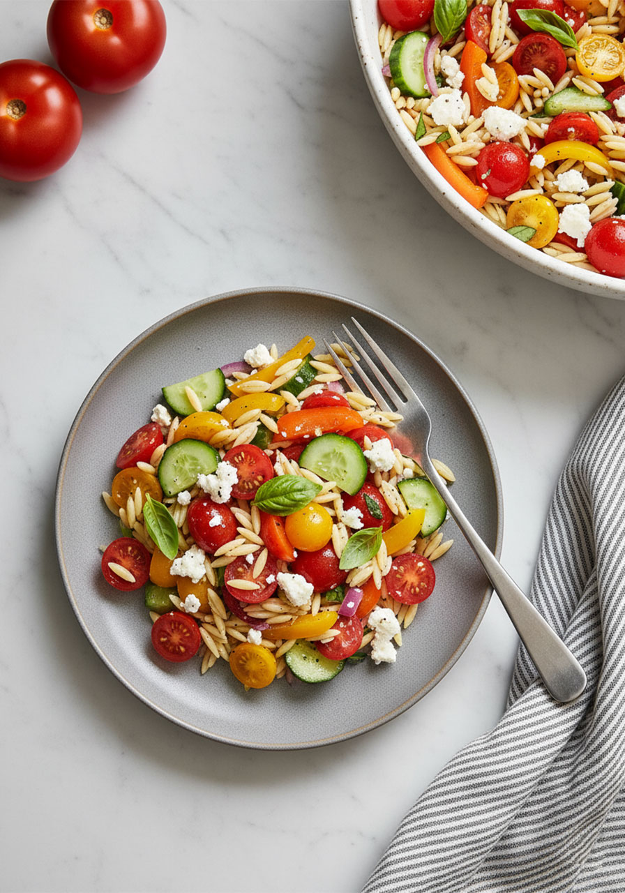 Single serving of rainbow orzo salad on a gray ceramic plate with a fork, showing colorful vegetables, feta, and fresh basil