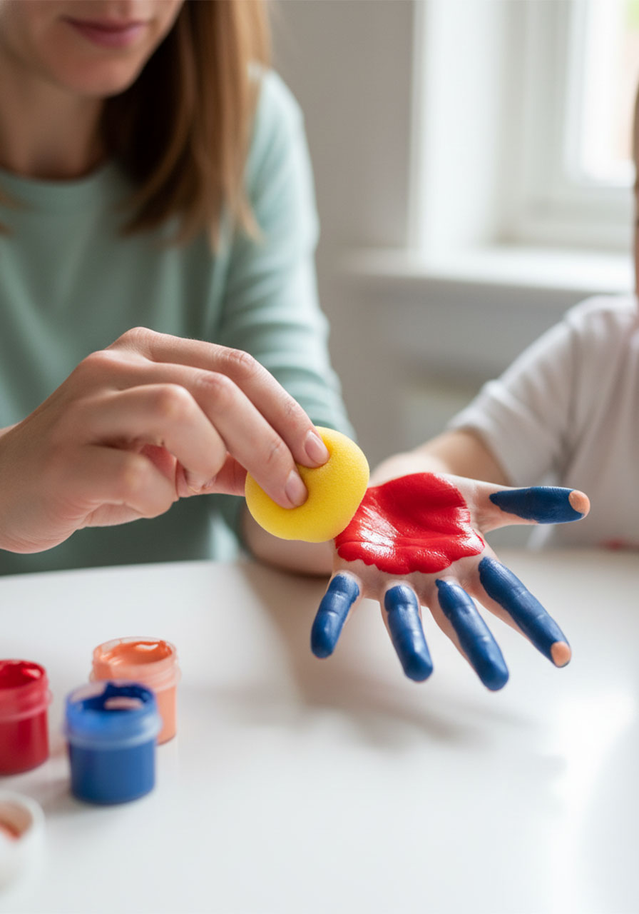 Adult applying red and blue tempera paint to a child's hand with a sponge for the Father's Day handprint Mini-Me Dad craft, Step 1 body stamp