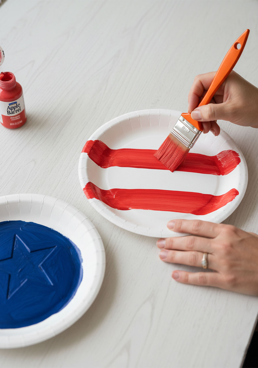 Woman painting red and white stripes onto a paper plate for a patriotic 4th of July wind catcher craft