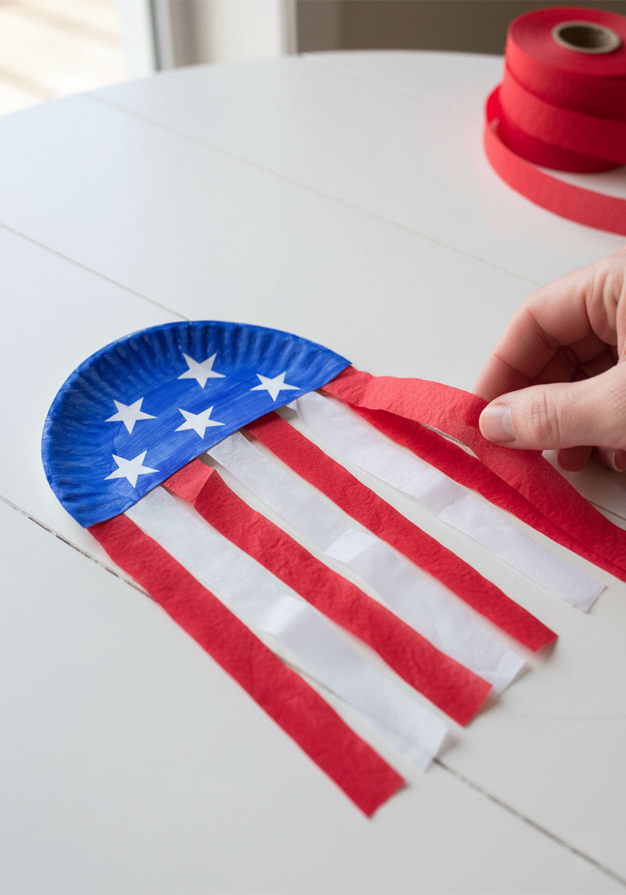 Paper plate flag craft variation using red and white crepe paper streamers instead of tissue paper for a textured patriotic decoration