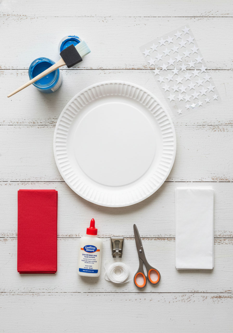 Supplies needed for paper plate flag craft including paper plate, blue paint, white star stickers, red and white tissue paper, glue, scissors, and yarn