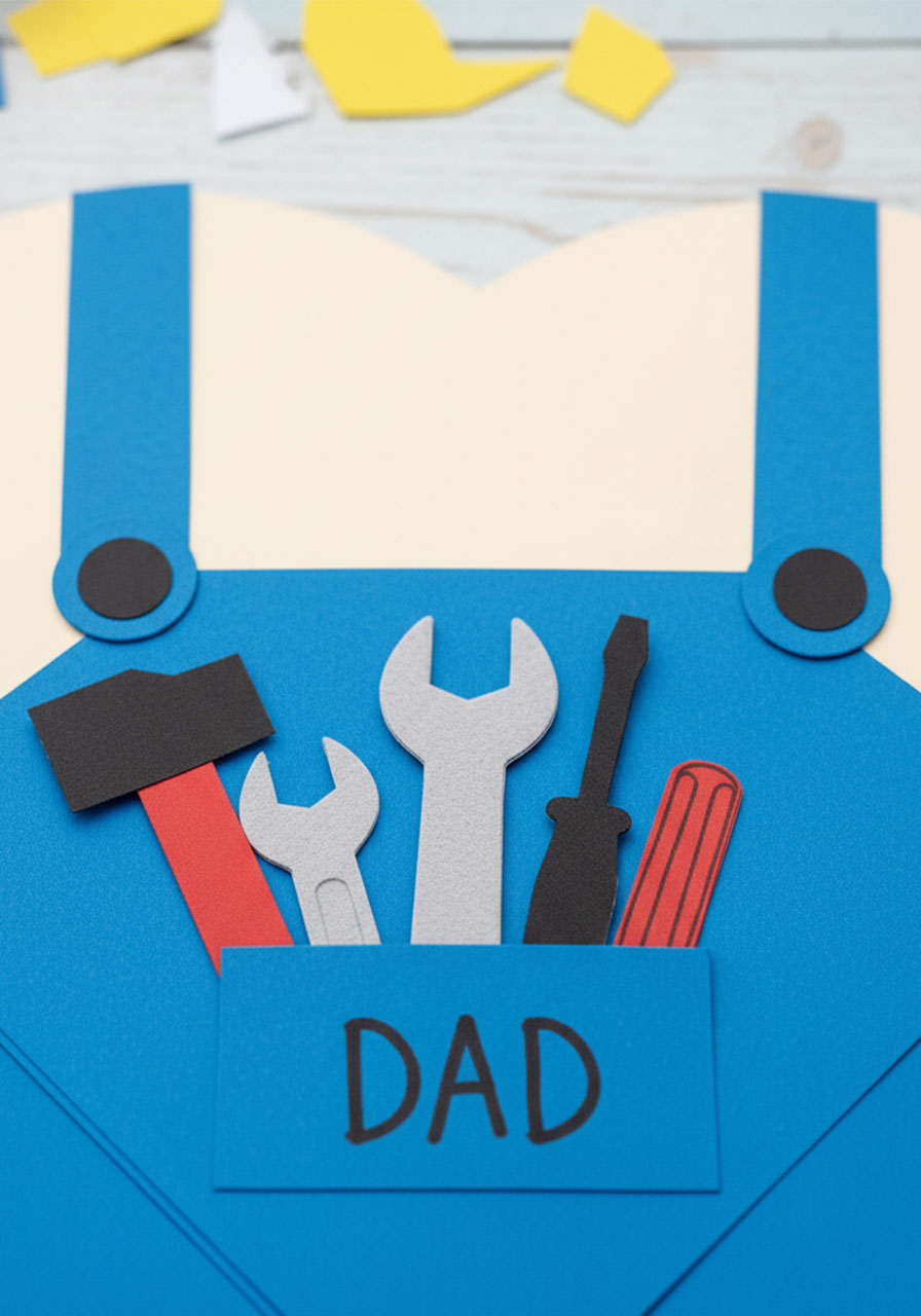 Paper hammer wrench and screwdriver tucked into blue pocket with DAD written below on Father's Day heart card