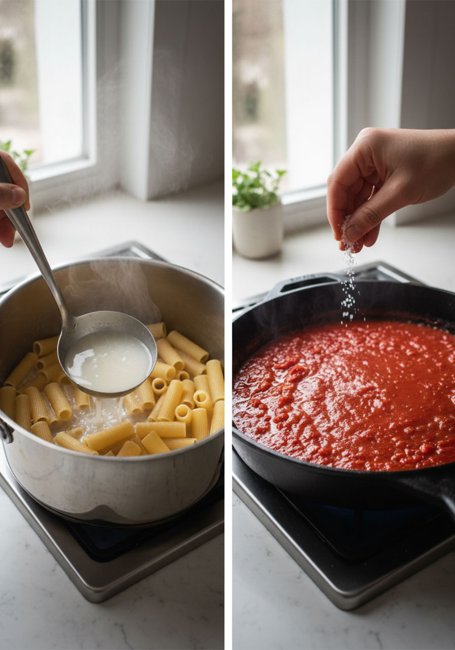 Scooping starchy pasta water and seasoning tomato sauce — pro tips for perfect creamy garlic pasta	
