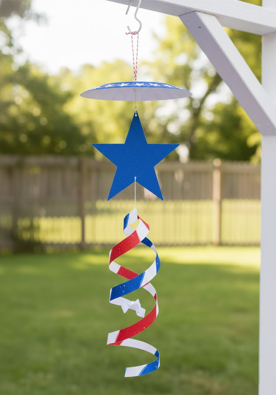 Completed patriotic paper plate wind catcher with blue star and red white striped spiral hanging on a summer porch