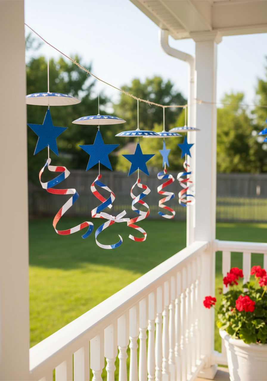 Row of five patriotic paper plate wind catchers hanging as porch garland decoration for 4th of July party