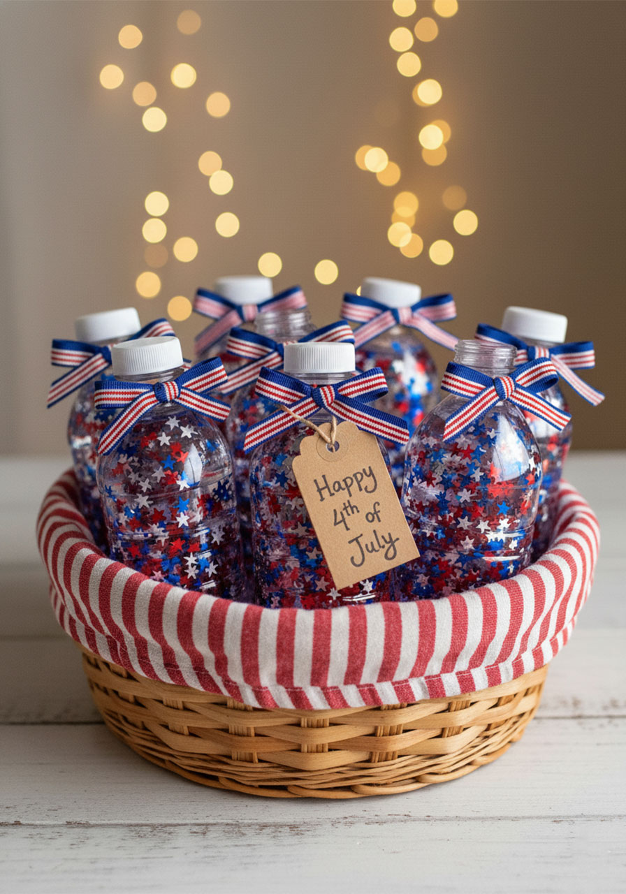 Six DIY patriotic sparkle bottles displayed in a wicker basket as 4th of July party favors with red white and blue ribbon bows and gift tags