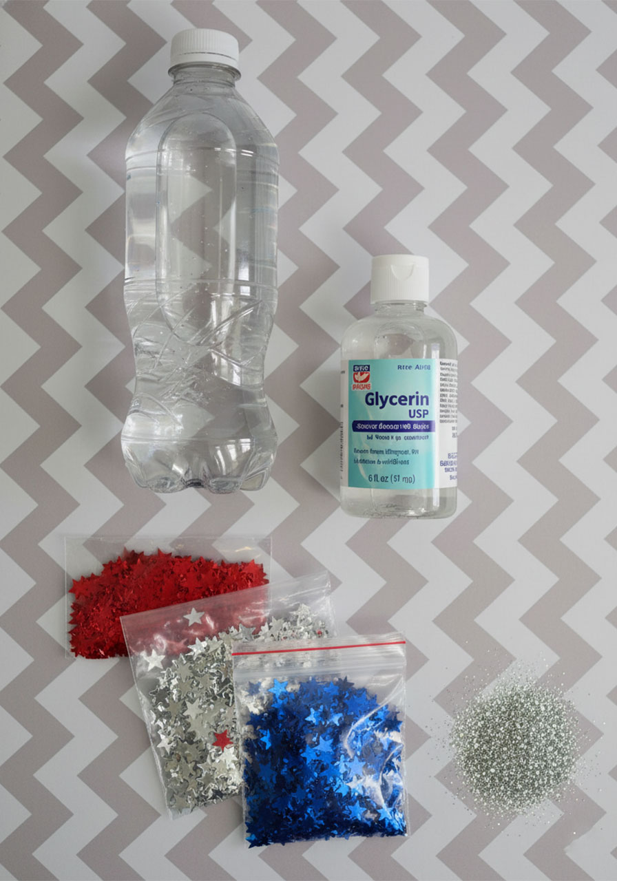 Flat lay of supplies needed for DIY patriotic sparkle bottles including water bottle glycerin and red white blue star confetti