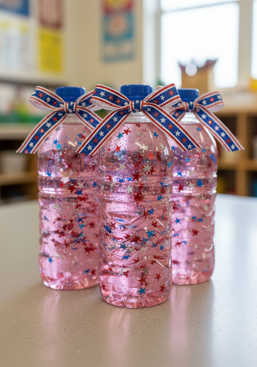Three finished patriotic sparkle bottles filled with red white and blue star confetti tied with ribbon bows for 4th of July