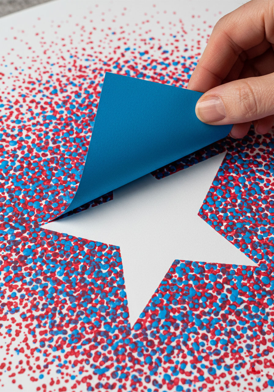 Adult hand peeling back star template to reveal a crisp white star silhouette surrounded by red and blue fingerprint dots on the completed Memorial Day craft	