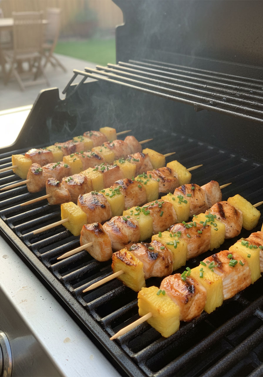 Juicy pineapple chicken kabobs with caramelized grill marks on a hot gas grill, garnished with fresh chives