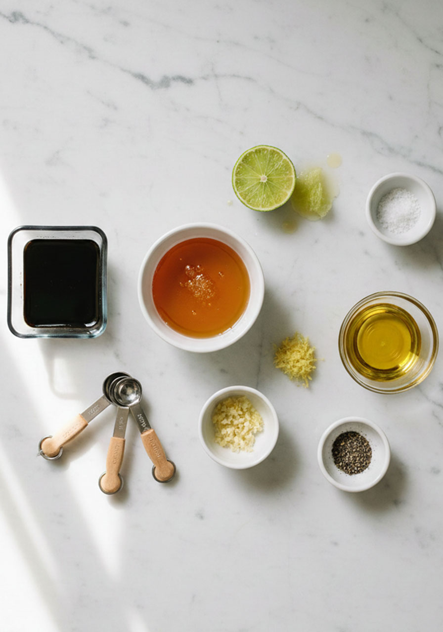 Honey soy marinade ingredients for pineapple chicken kabobs including garlic, ginger, lime and olive oil