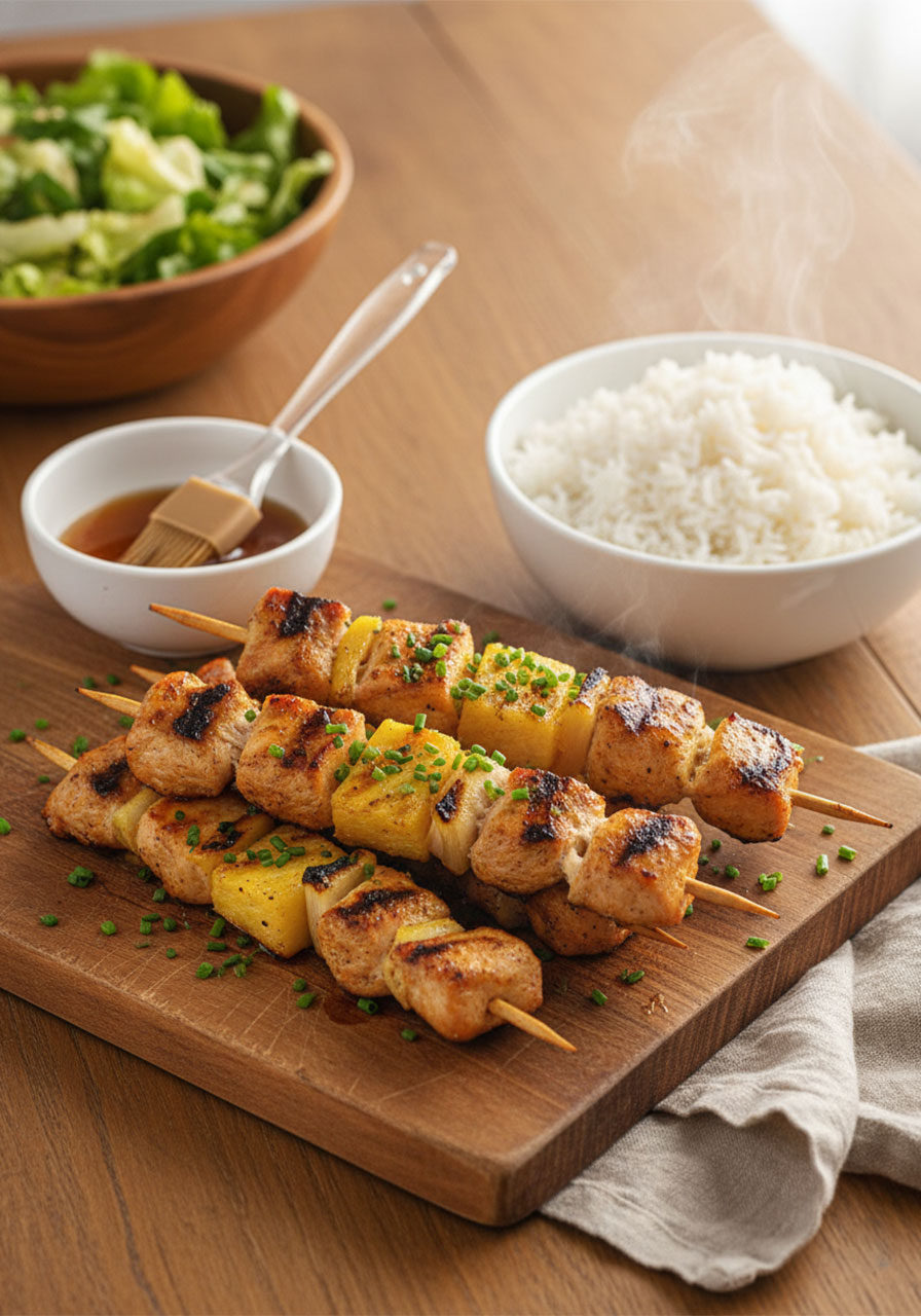 Finished pineapple chicken kabobs on a rustic wood board served with coconut rice and dipping sauce