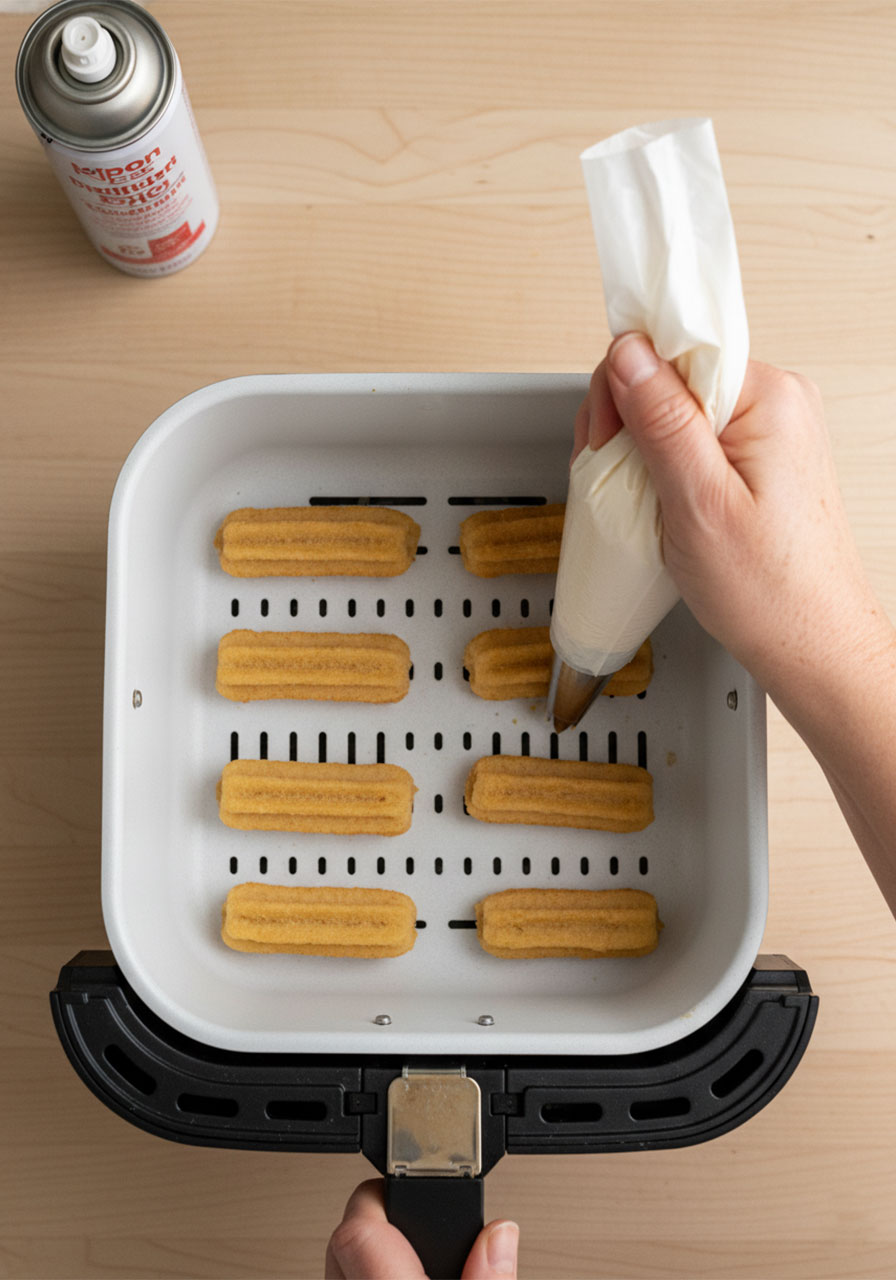 Piping bite-sized churro dough portions into air fryer basket using star tip piping bag for crispy churro bites