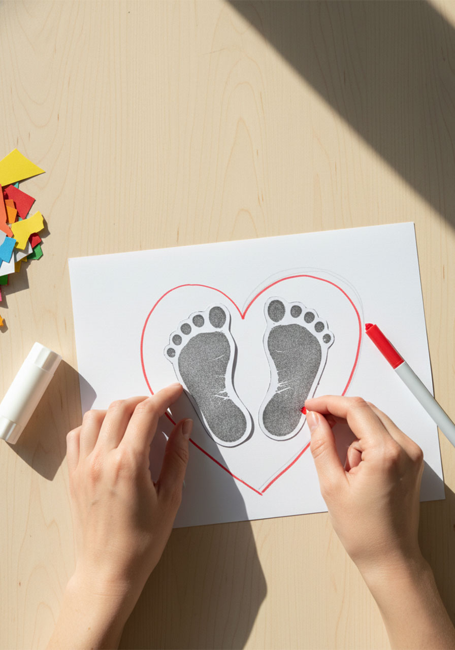 Baby footprint cutouts being positioned heel-to-heel in heart shape on cardstock for Father's Day footprint art