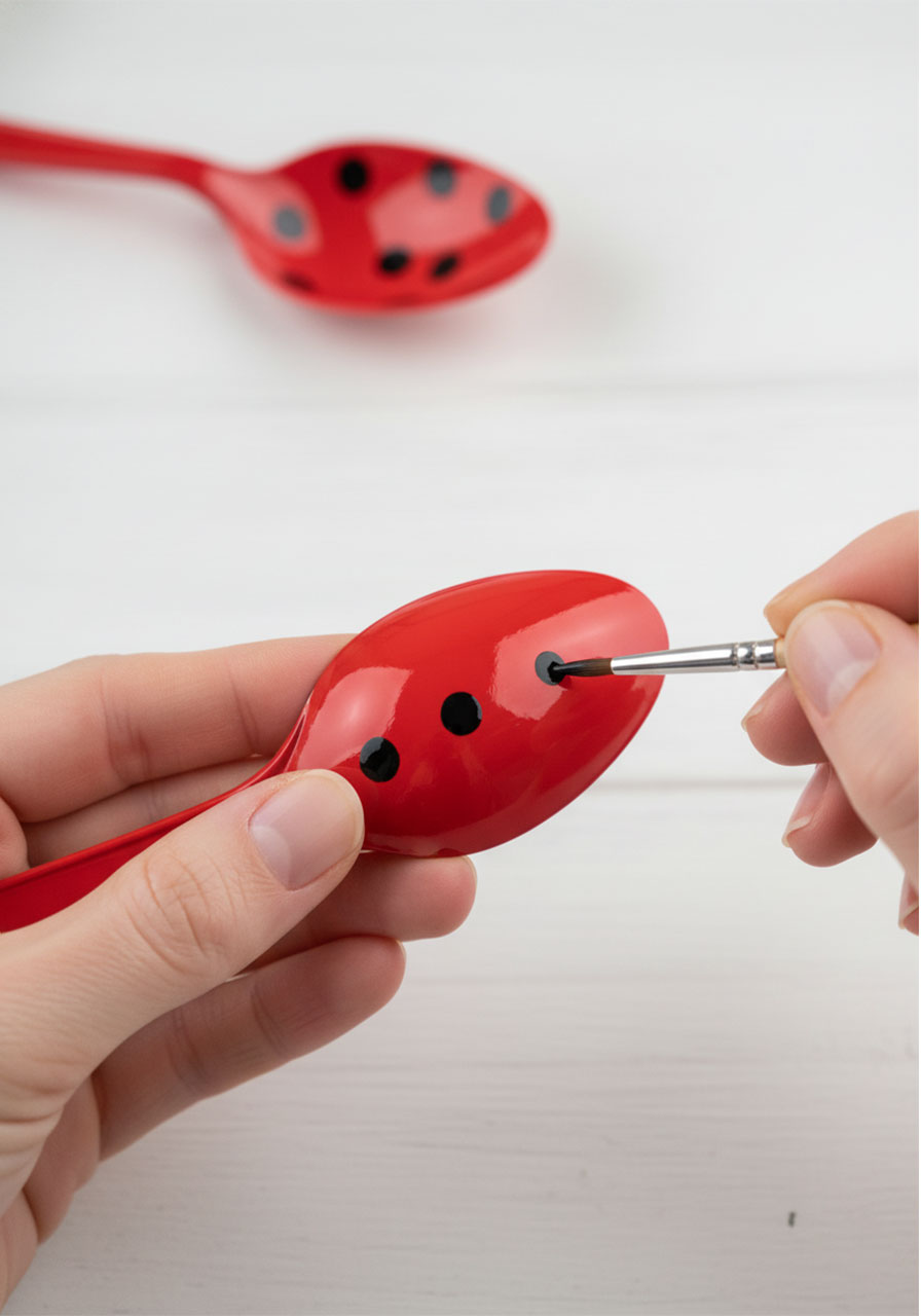 Painting black polka dots onto red painted plastic spoon wings for the DIY ladybug plastic spoon bug craft