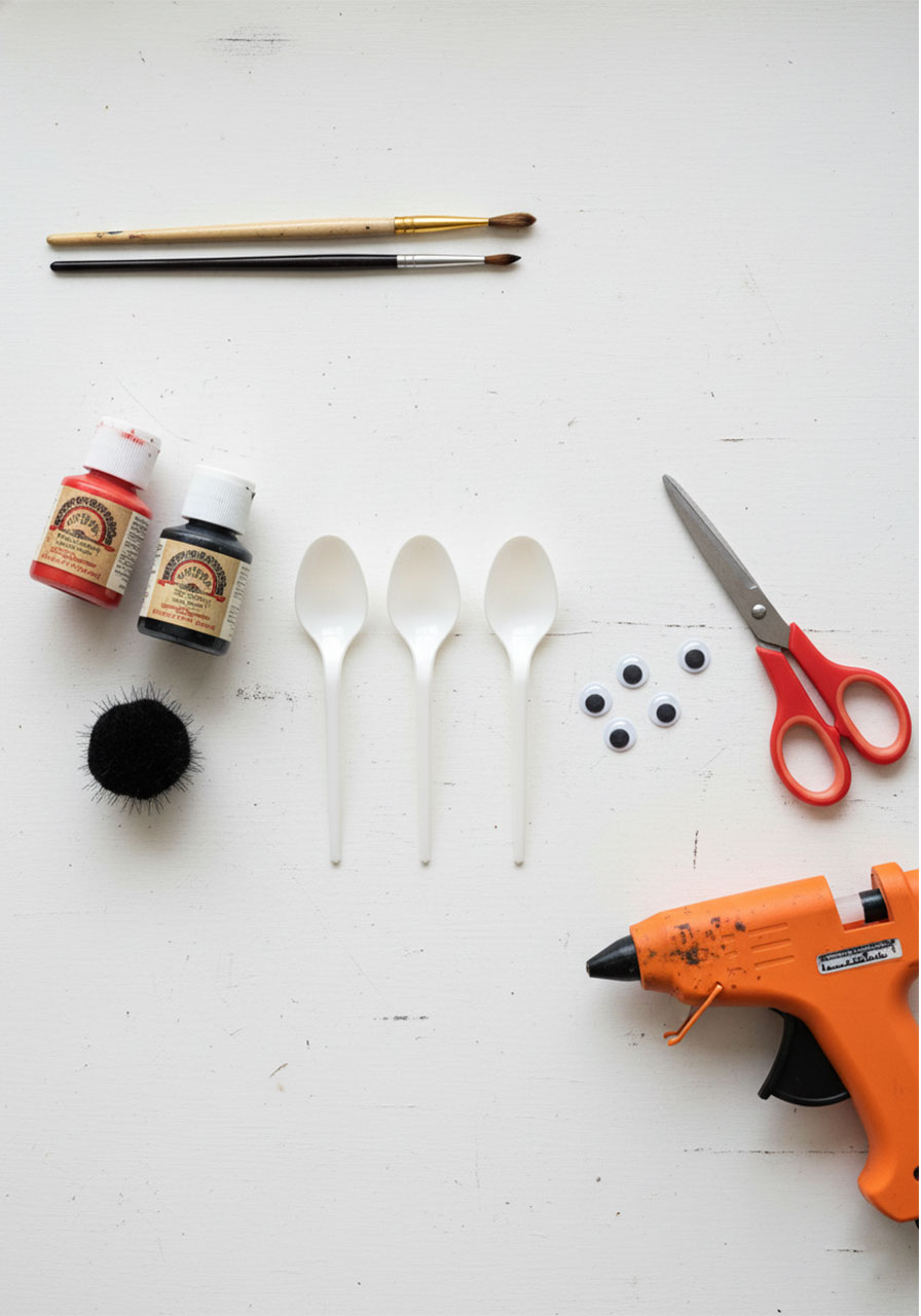 Supplies needed for plastic spoon bug craft including plastic spoons, acrylic paint, googly eyes, pom poms, scissors, and hot glue gun