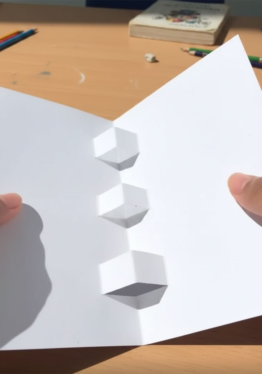 Three white paper pop-up tabs standing upright inside an open folded cardstock card showing the completed pop-up mechanism before decoration