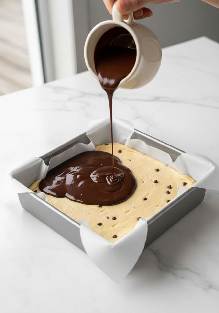Dark chocolate ganache being poured over chilled low carb sugar free cookie dough base in a parchment-lined pan