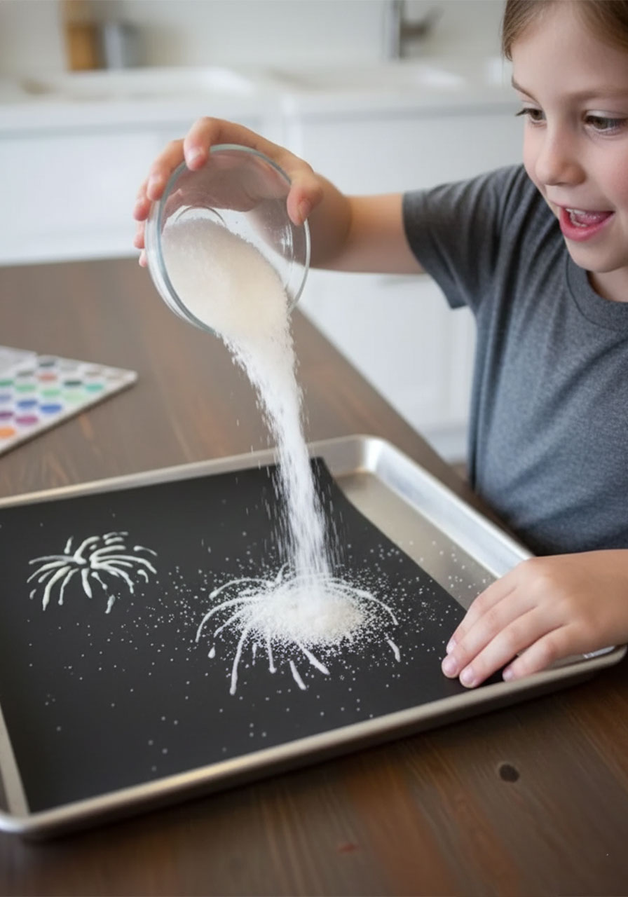 Child pouring fine table salt over wet white glue firework shapes on black cardstock during salt painting craft tutorial step 3