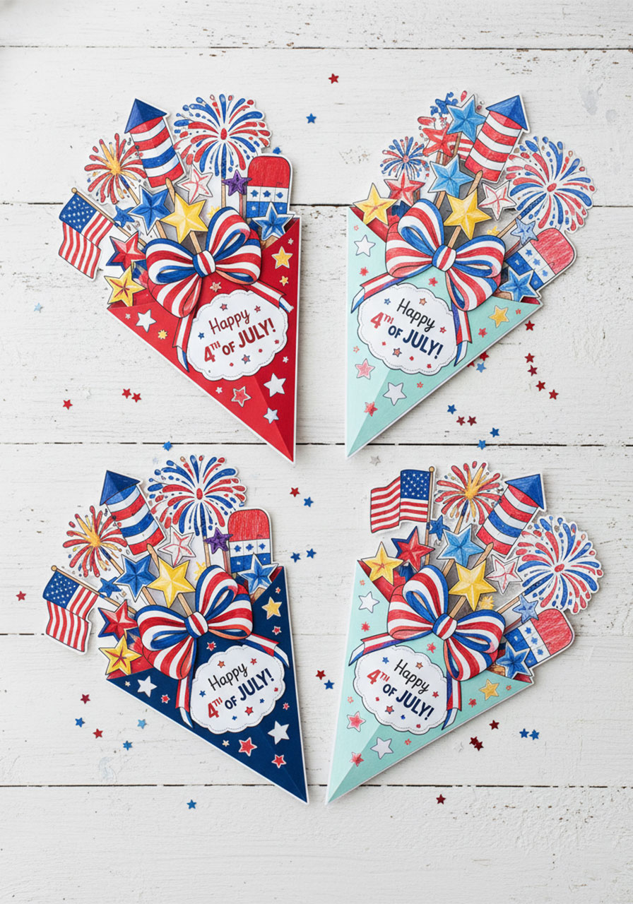 Four different colored versions of the printable 4th of July firework bouquet card showing creative coloring variations