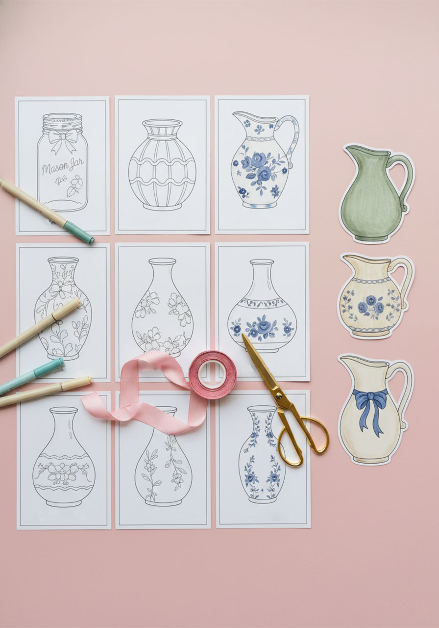 Printable vase coloring pages for DIY flower bouquet craft station