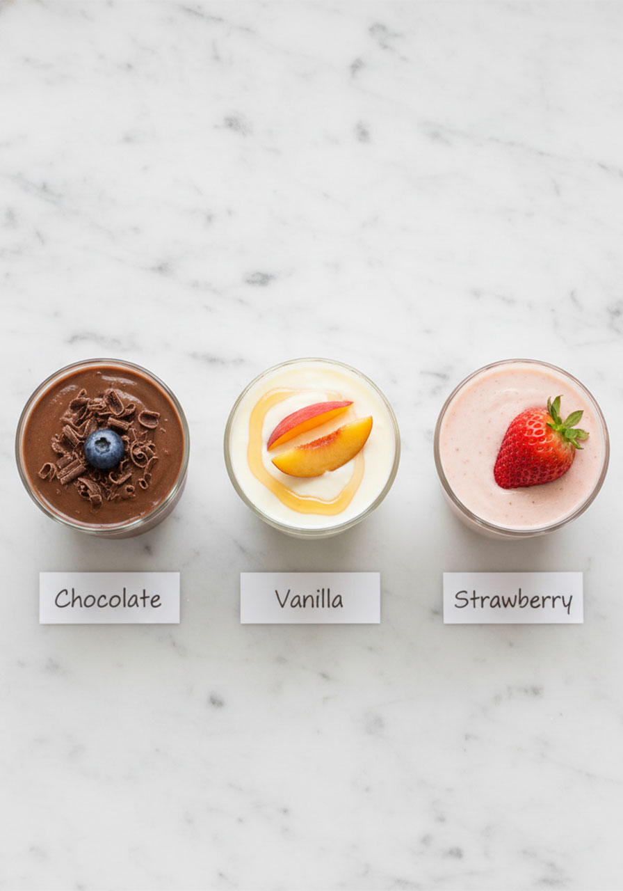 Three protein pudding flavor variations side by side including chocolate, vanilla, and strawberry versions in clear glass cups