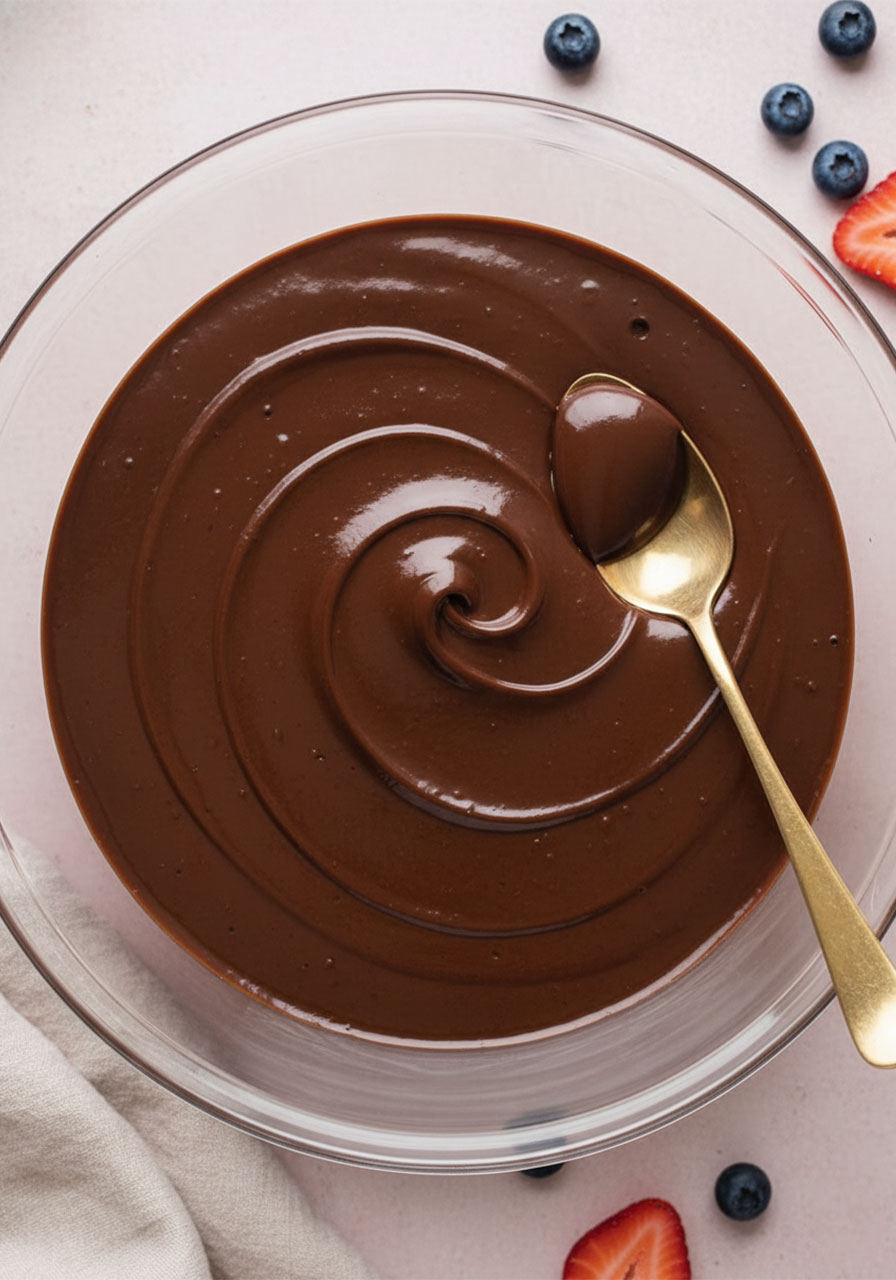 Smooth and glossy high protein chocolate pudding mixture in a clear glass bowl ready to refrigerate