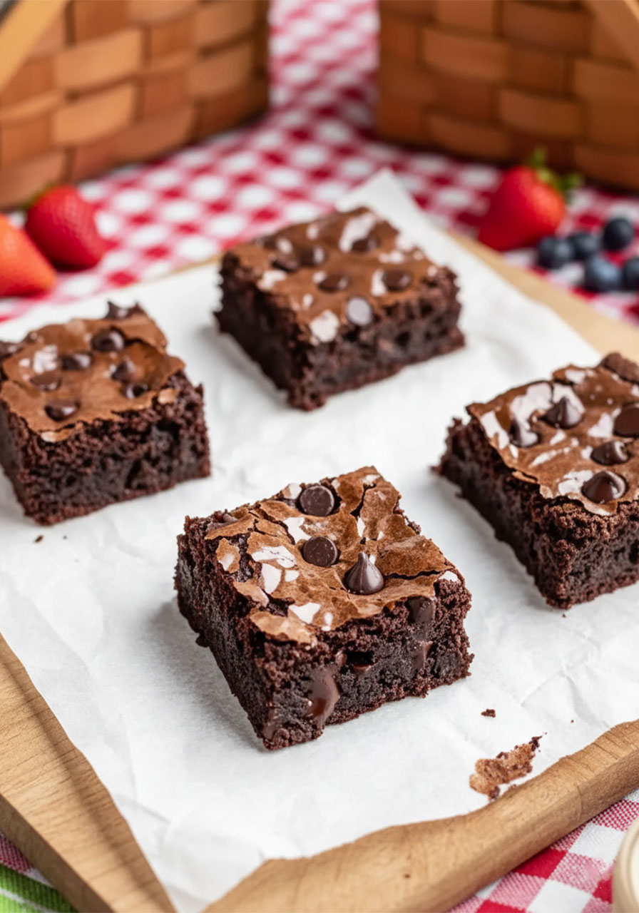 Close-up of a fudgy quick gluten-free brownie with crackly top and melted chocolate chips on parchment paper