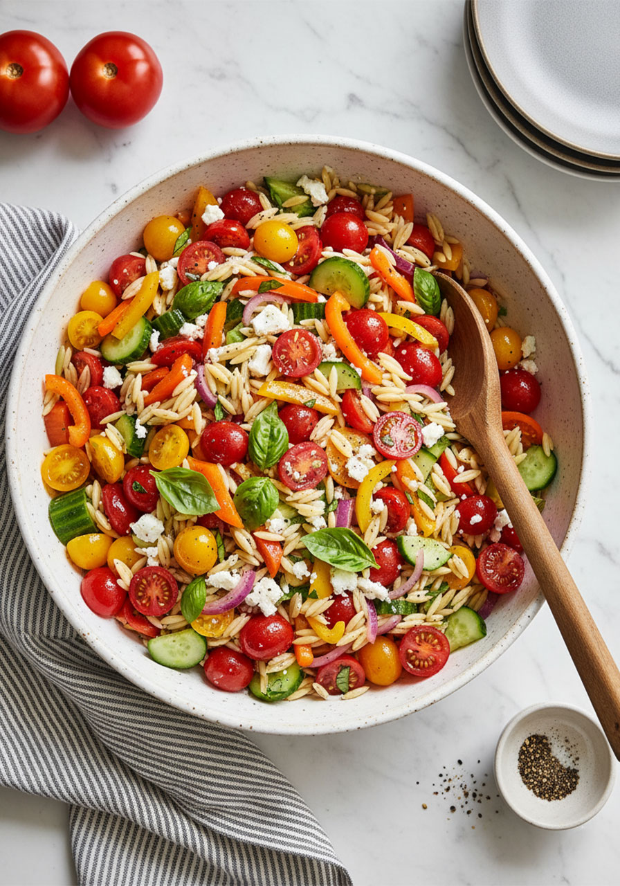 Rainbow orzo salad in a white ceramic bowl with cherry tomatoes, bell peppers, cucumber, feta, and fresh basil