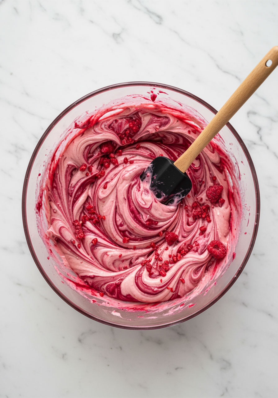 Marbled pink raspberry cookie dough with crimson swirls and frozen raspberry chunks in a glass bowl