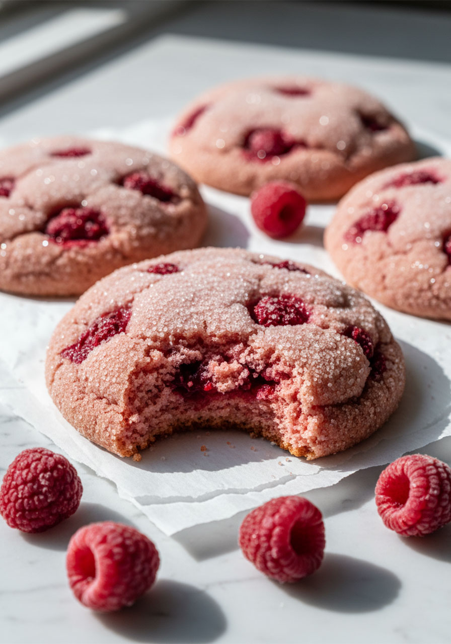Close-up of a soft raspberry sugar cookie with a bite taken out showing the fluffy pink interior and raspberry pieces