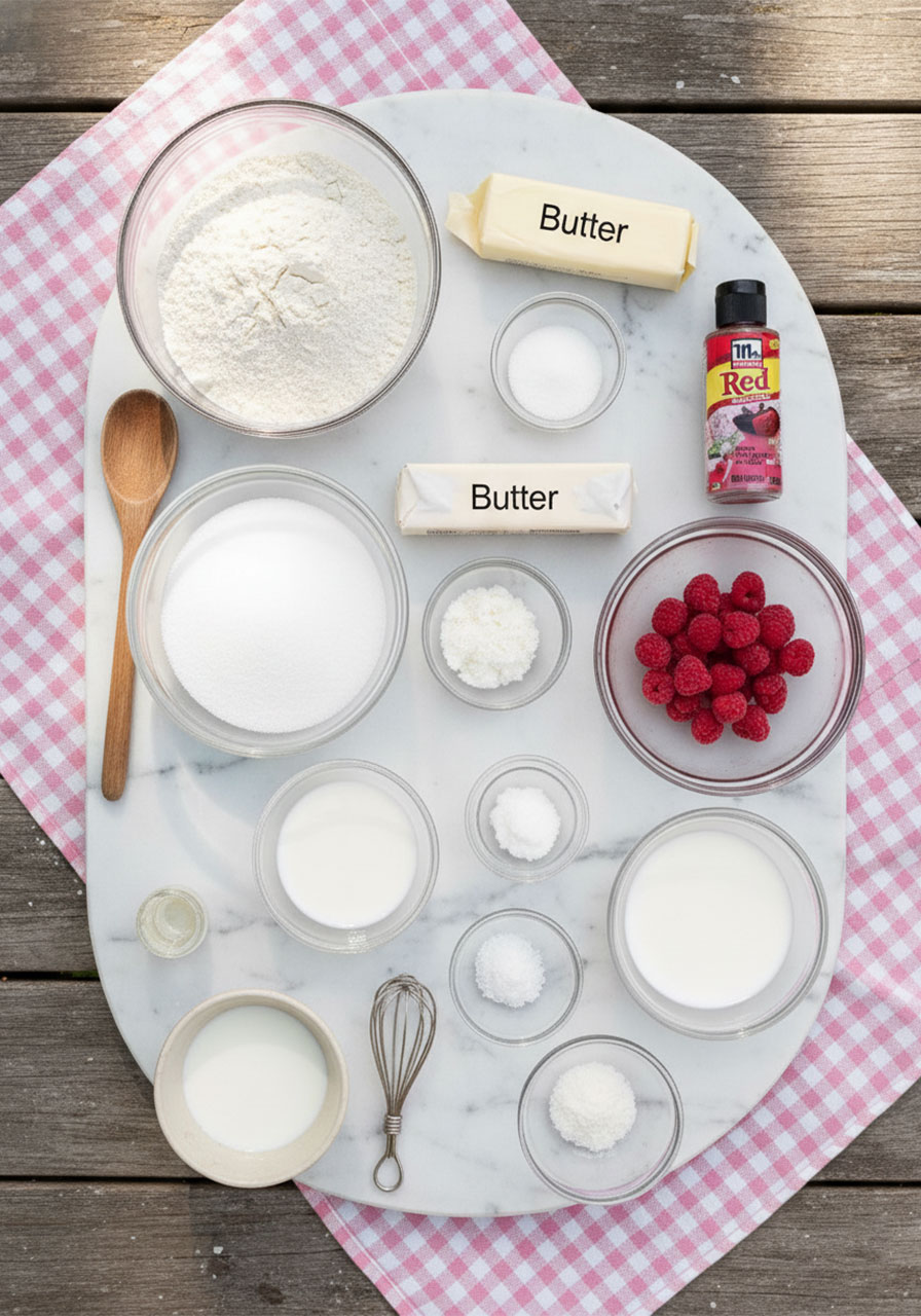 All ingredients for gluten free raspberry cookies laid out on white marble including frozen raspberries, GF flour, butter, sugar, and cornstarch